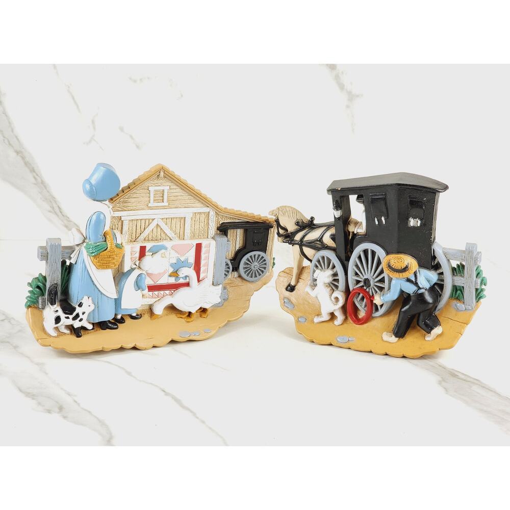 Burwood Amish Wall Deco Plaque 9" Buggy Farm Lady Geese 1995 Country Farm x2
